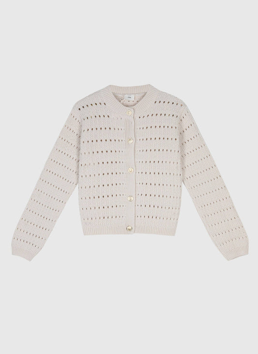Cardigan in maglia traforata écru con bottoni dorati