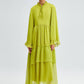 Abito lungo in chiffon con balze e fiocco al collo