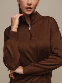Maglione polo in maglia con zip e micro strass