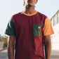 T-shirt con taschino in cotone biologico color block bordeaux