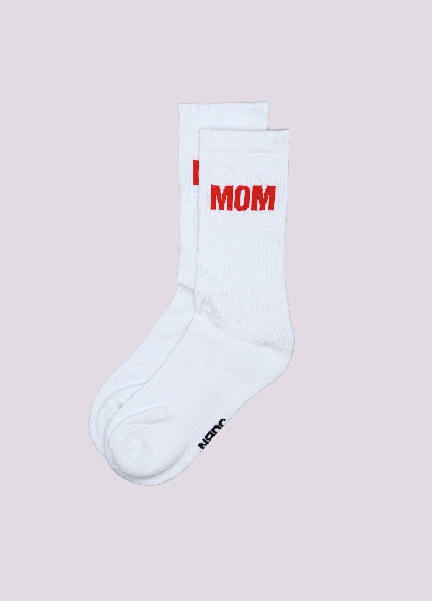 Calzini "MOM" bianchi con scritta rossa