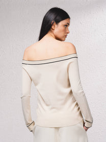 Maglione off-shoulder in lurex con profili a contrasto