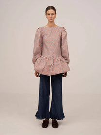 Abito mini a righe rosse con pois blu