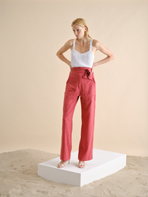 Pantaloni in lino a vita alta con cintura