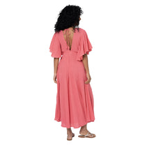 Abito lungo estivo rosa in cotone con scollo a V e schiena scoperta