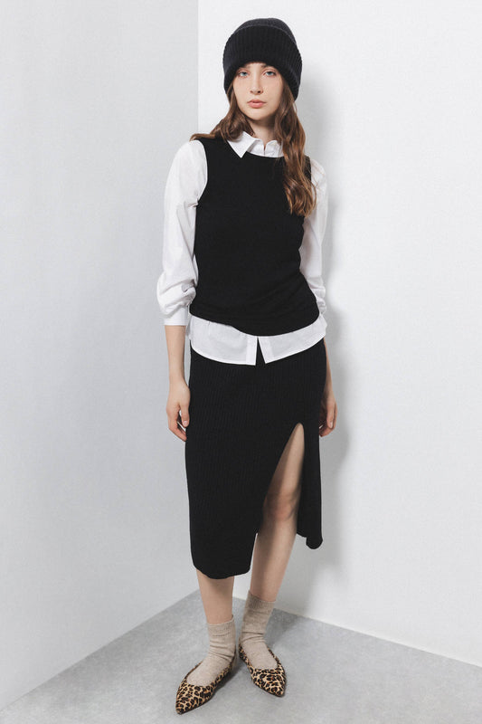 Gonna midi in maglia a costine con spacco frontale
