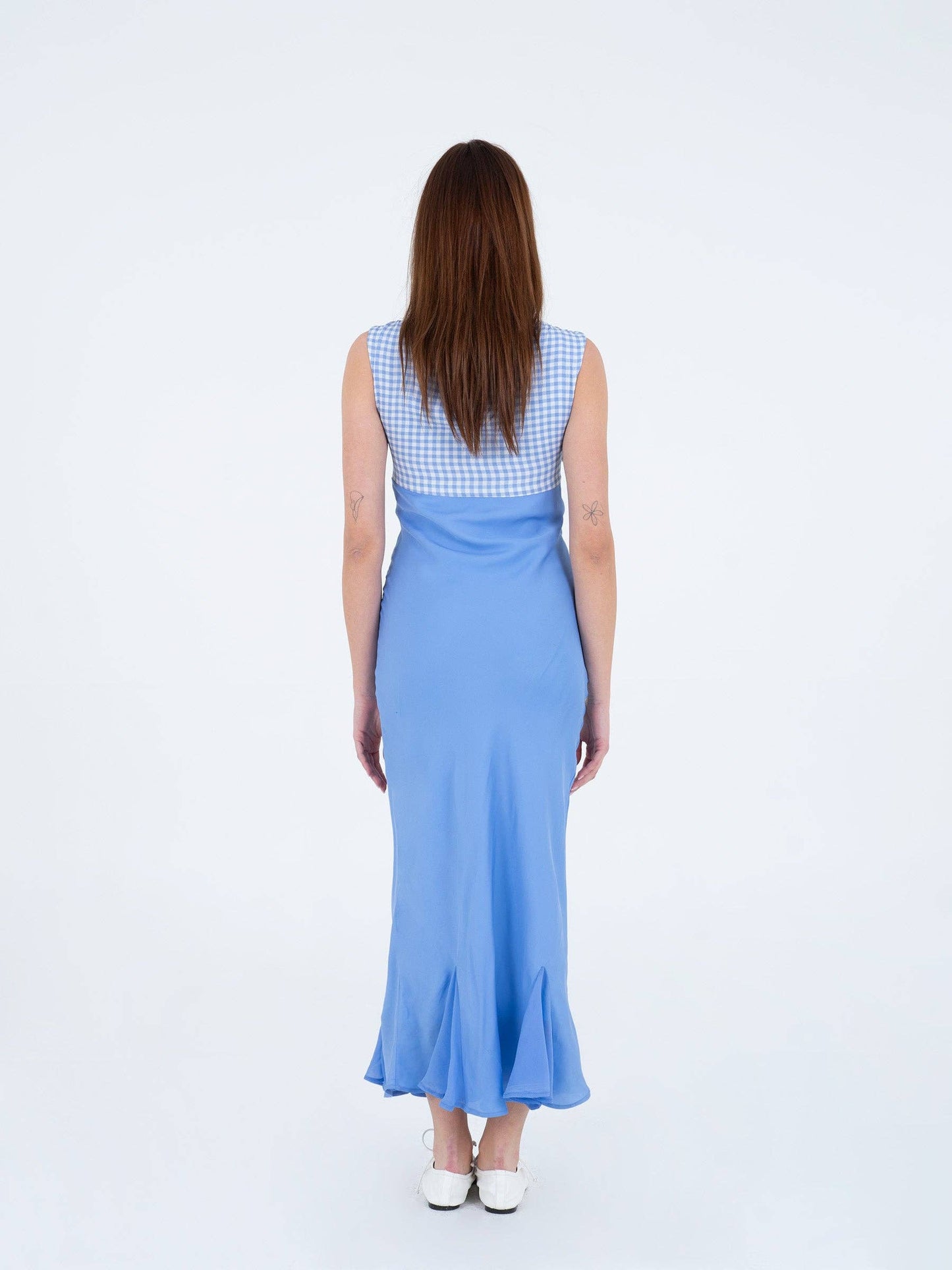 Abito midi azzurro con corpetto vichy