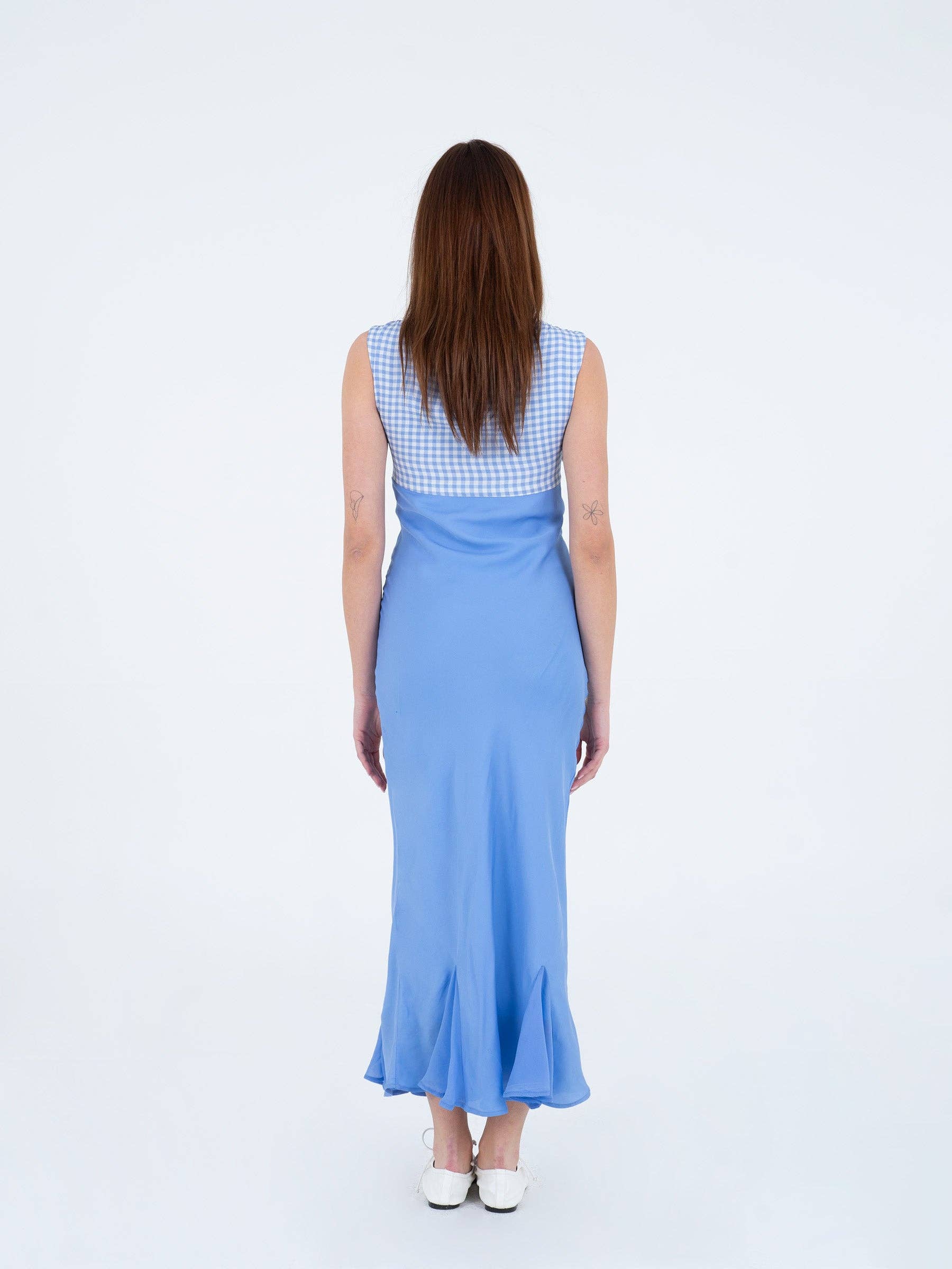 Abito midi azzurro con corpetto vichy