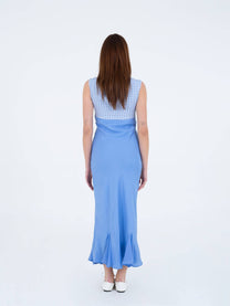 Abito midi azzurro con corpetto vichy