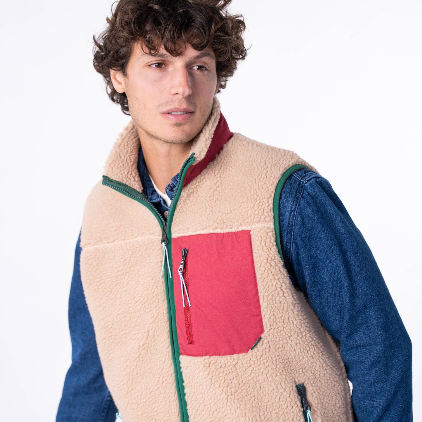 Gilet sherpa unisex con zip beige e bordeaux