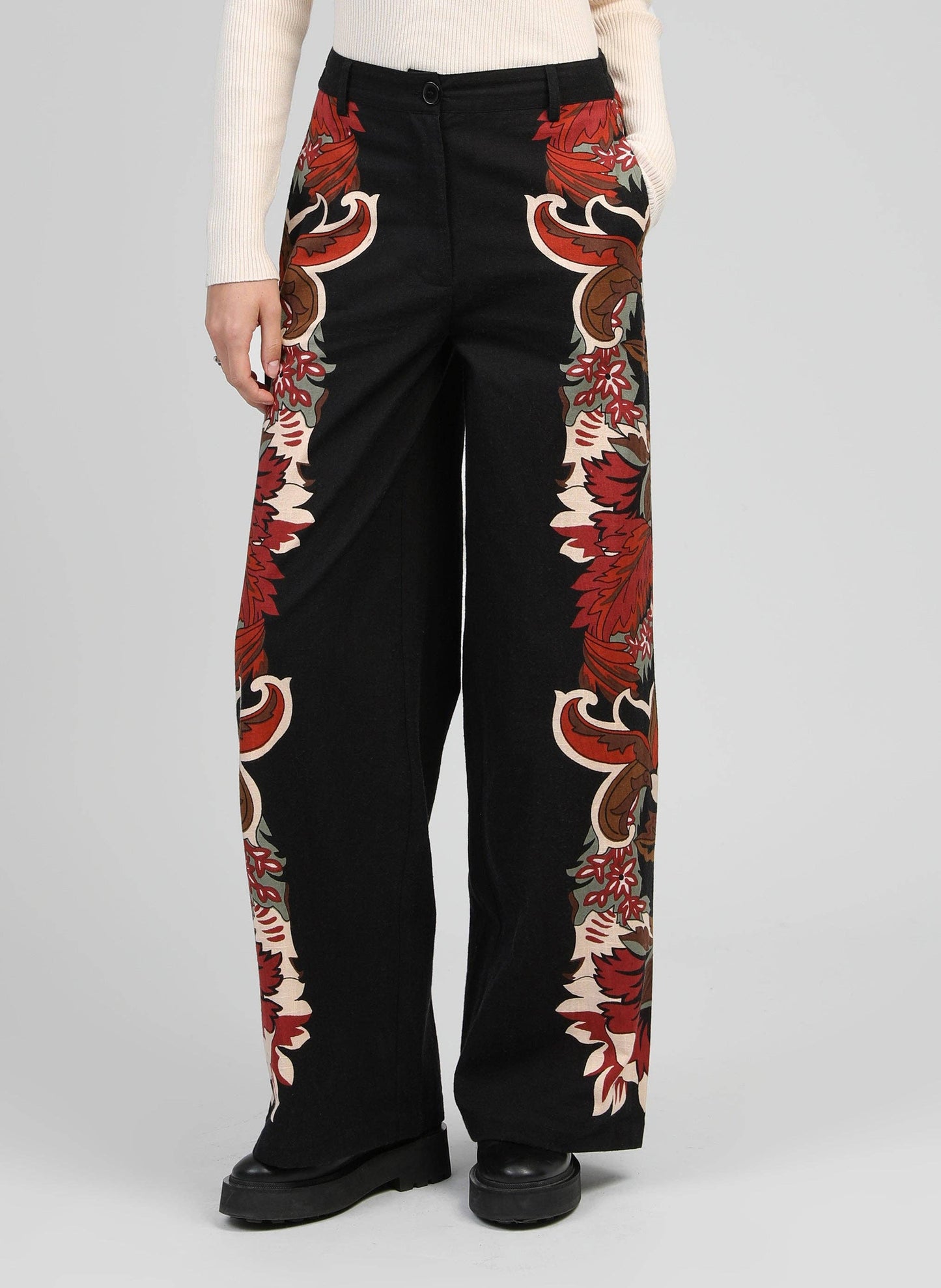 Pantaloni a palazzo a vita alta con stampa romantica