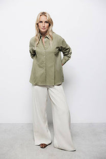 Camicia donna in cotone con pieghe frontali
