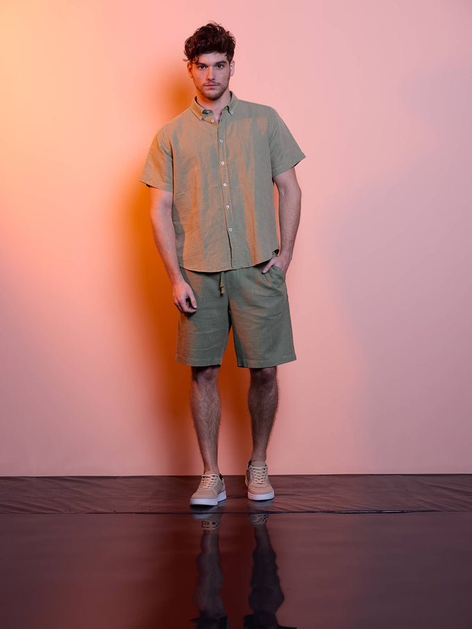 Camicia button-down in lino e cotone a maniche corte