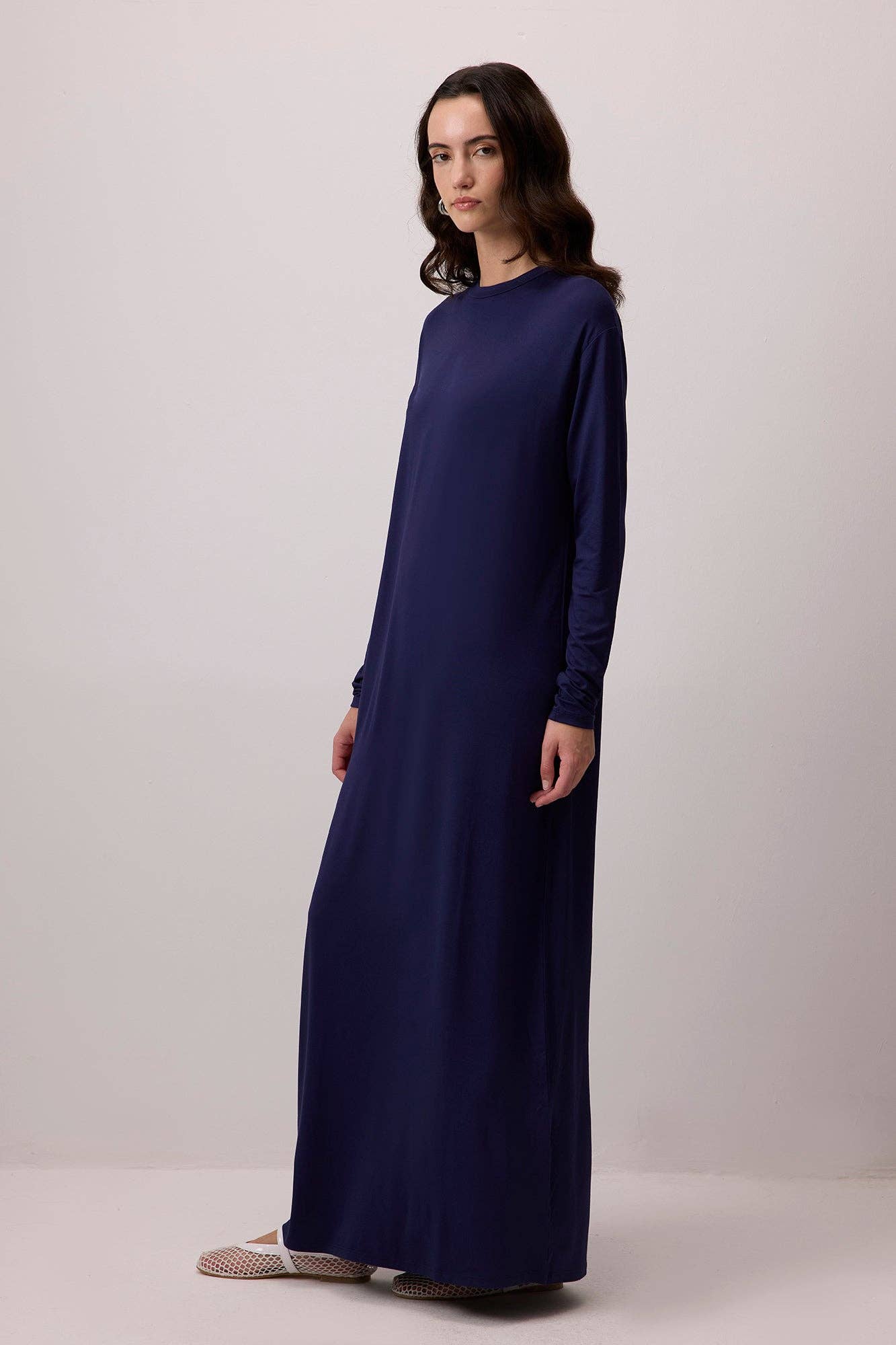 Abito lungo in viscosa blu navy a maniche lunghe
