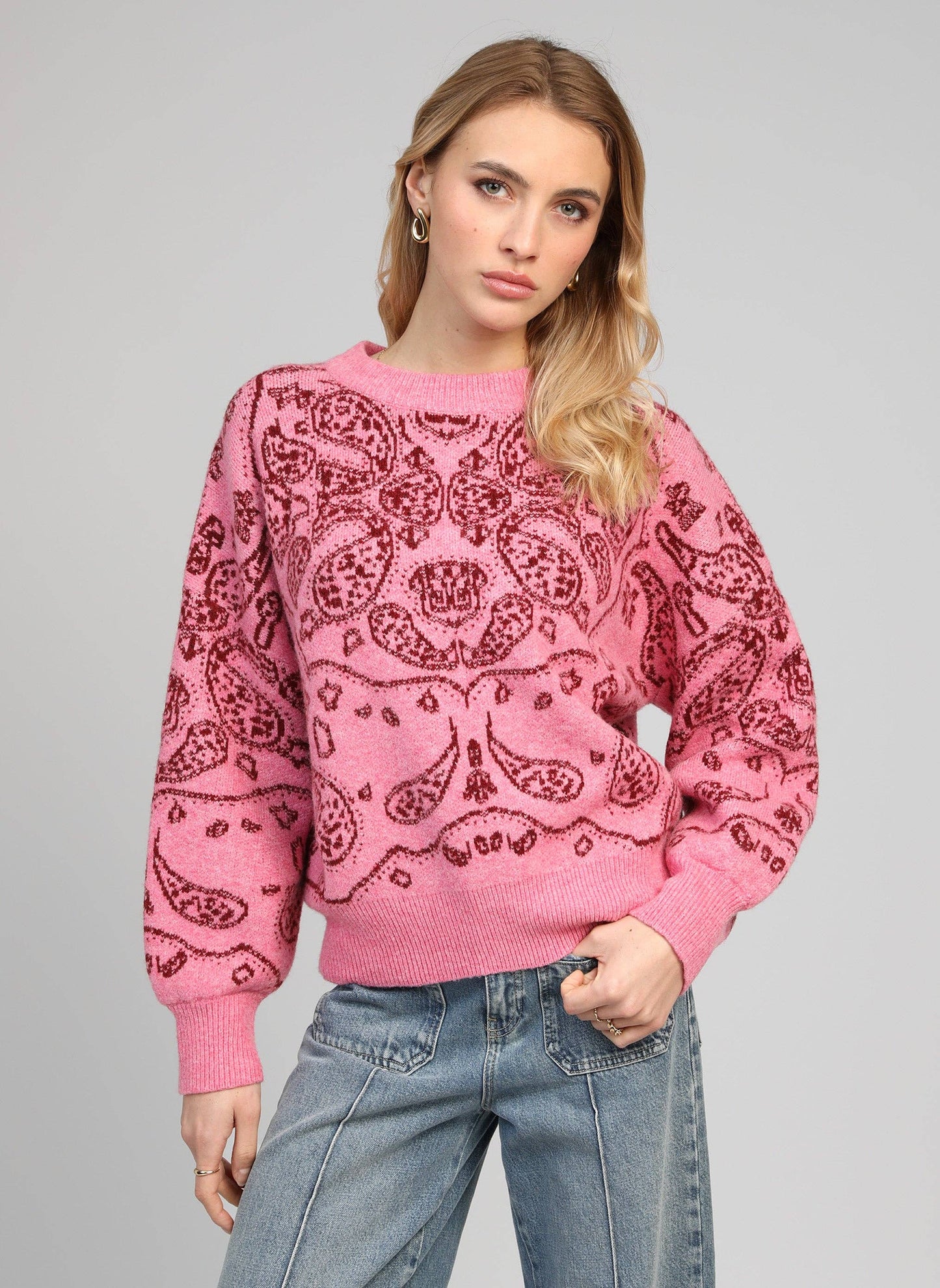 Maglione oversize jacquard bandana rosa caramella