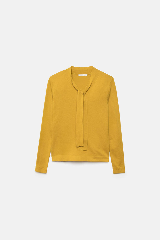 Maglione in maglia rasata con scollo a V e fiocco