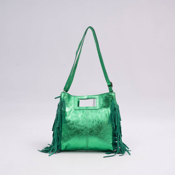 Borsa in pelle iridescente con frange