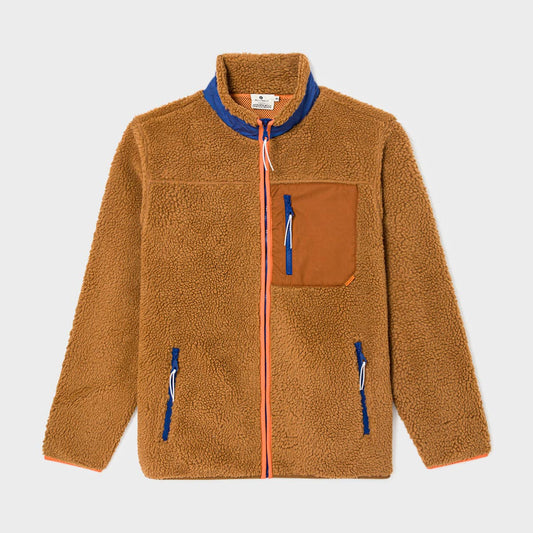 Giacca sherpa unisex cammello con zip e dettagli a contrasto