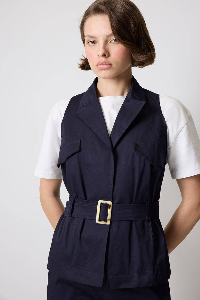 Completo donna in cotone blu navy con gilet con cintura e pantaloni palazzo