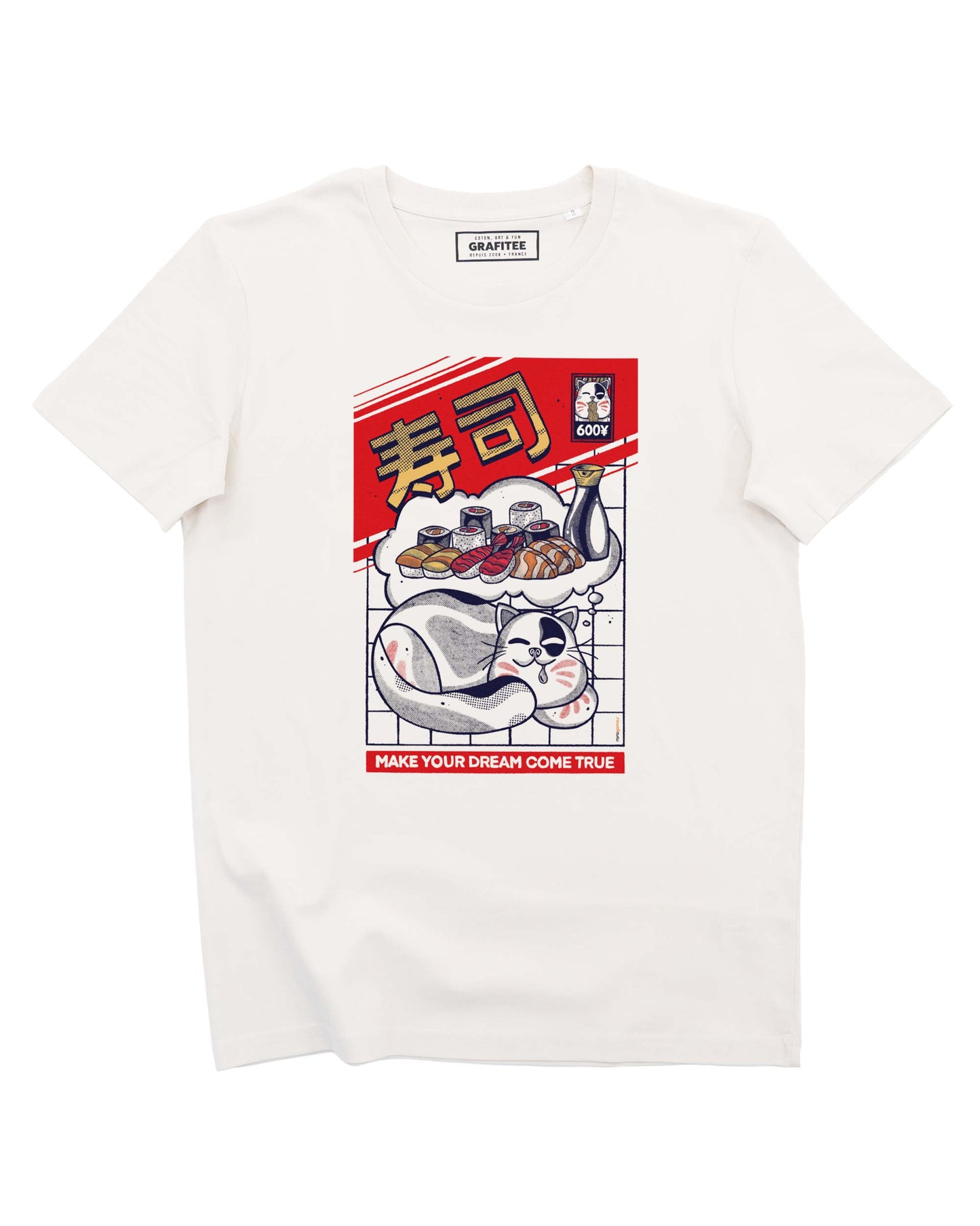 T-shirt unisex in cotone biologico con stampa gatto e sushi