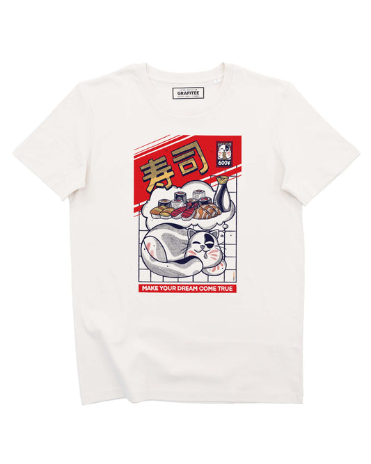 T-shirt unisex in cotone biologico con stampa gatto e sushi