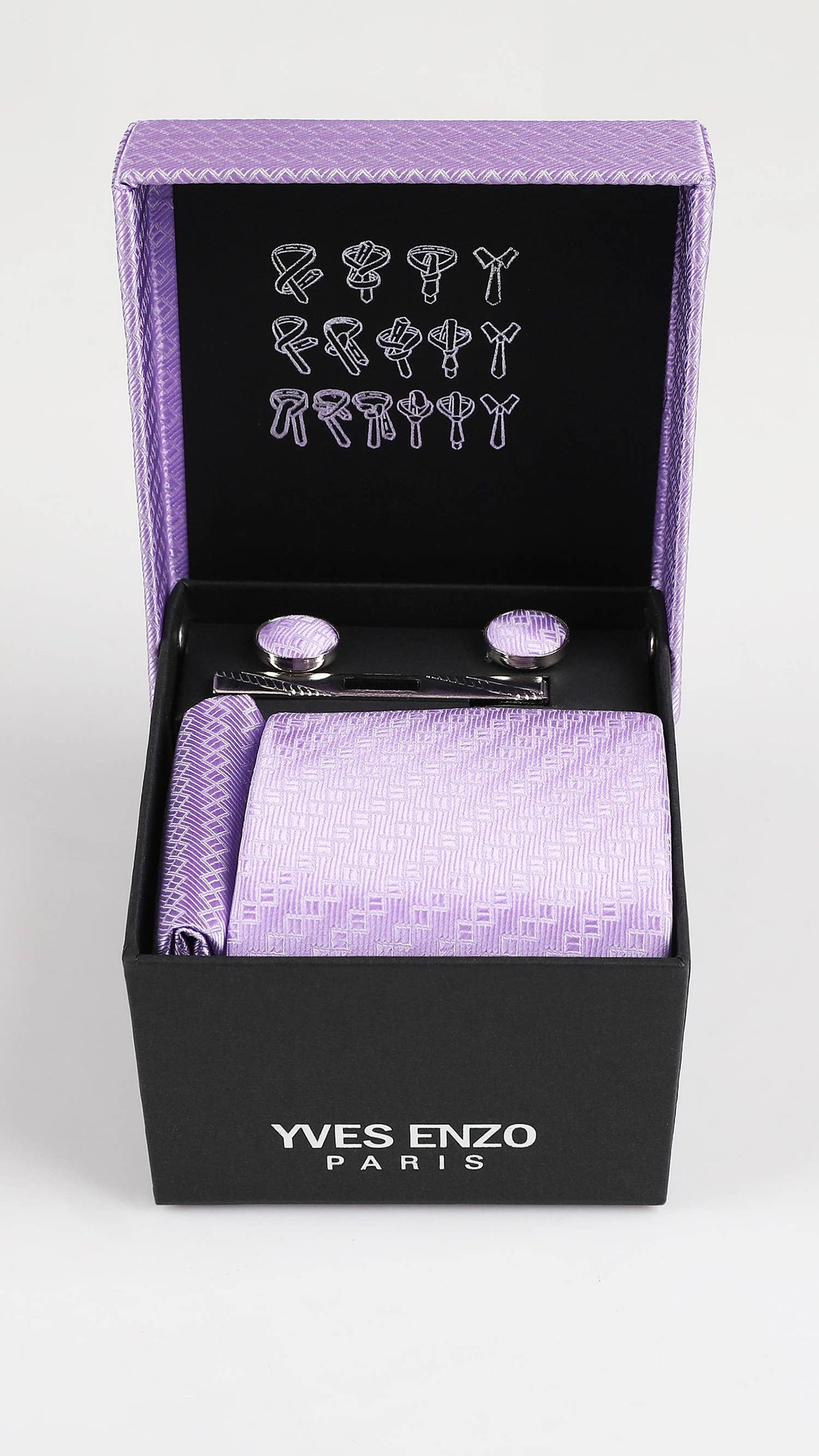 Set cravatta lilla con gemelli, fermacravatta e pochette