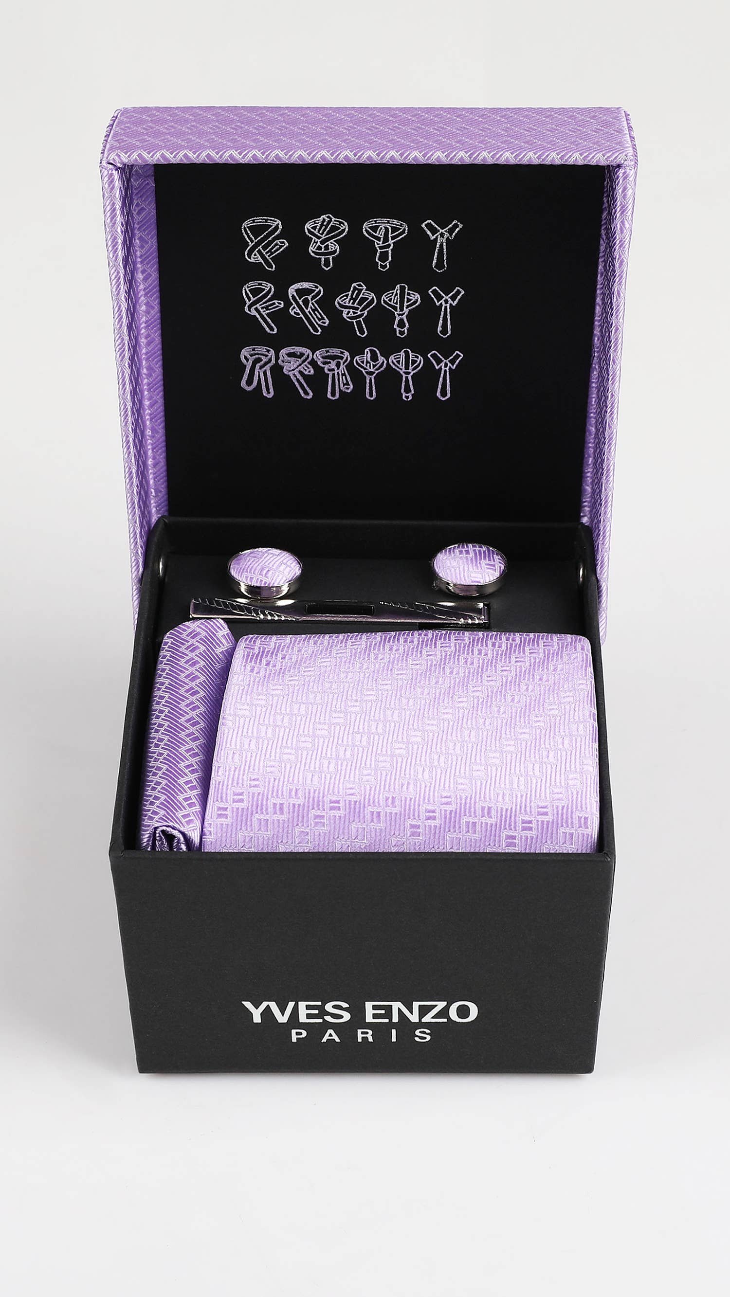 Set cravatta lilla con gemelli, fermacravatta e pochette