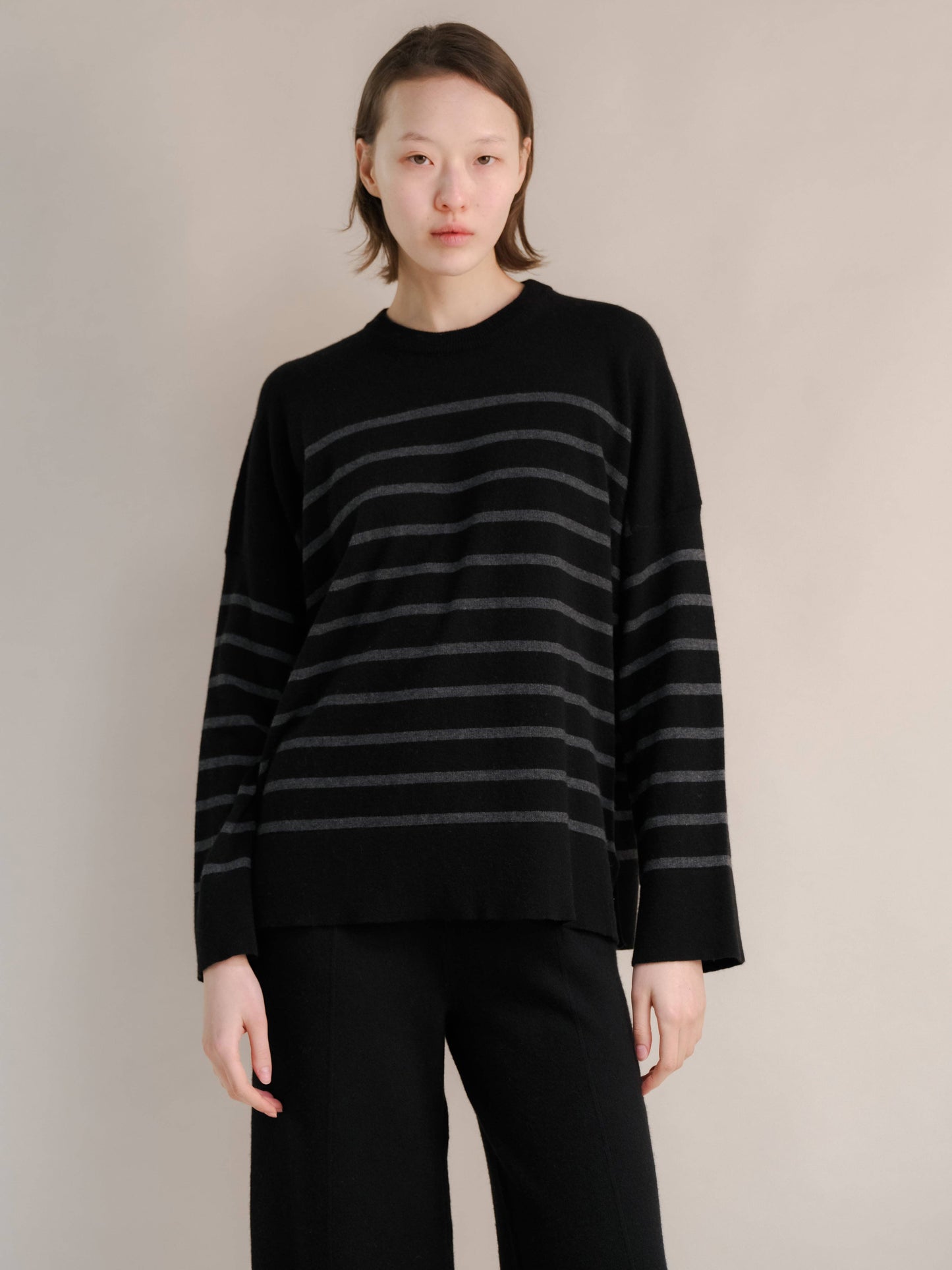 Maglione Girocollo Oversize a Righe in Misto Cashmere
