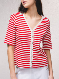 Cardigan a righe con scollo a V e bottoni, manica corta