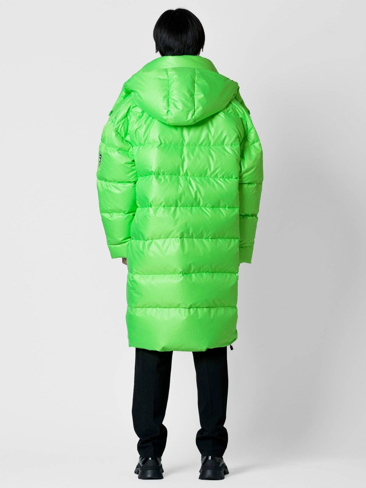 Parka lungo oversize verde fluo con cappuccio removibile