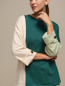 Maglia donna color block con bottoni ai polsi