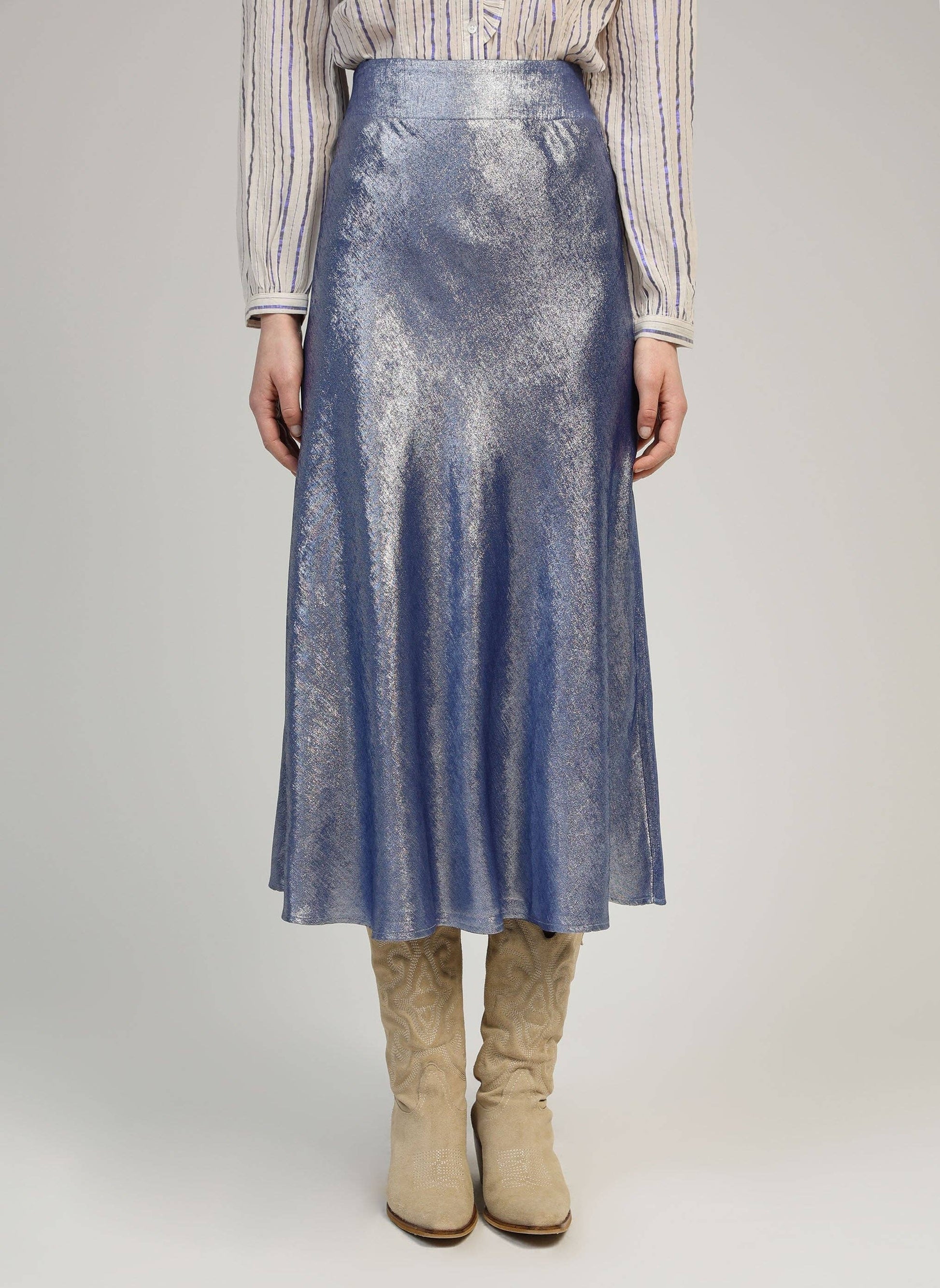 Gonna midi metallizzata blu Janyma