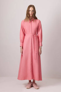 Abito camicia rosa con cintura in misto cotone