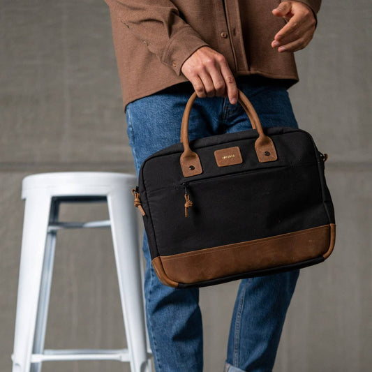 Borsa porta laptop nera in cotone cerato