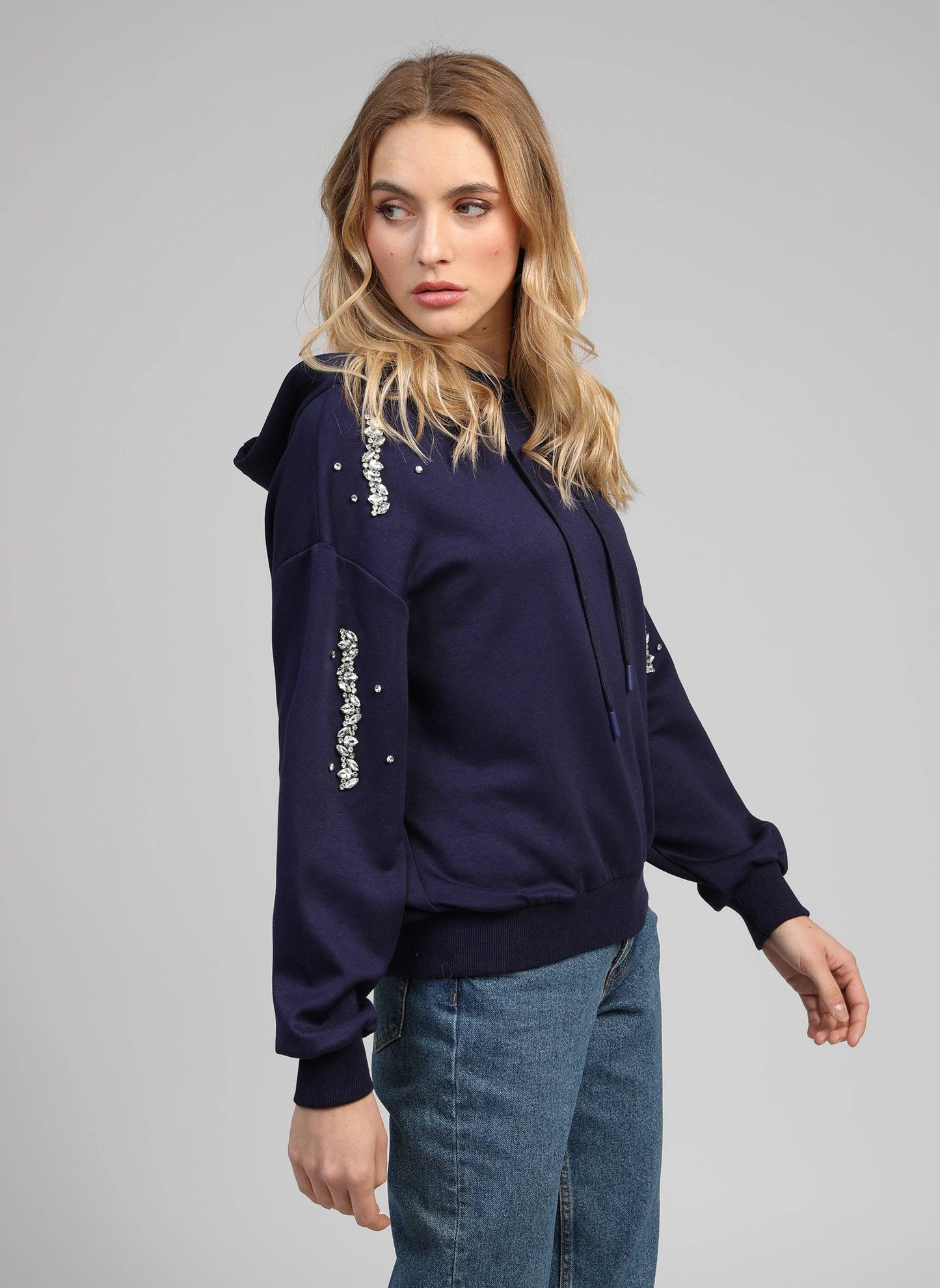 Felpa con cappuccio blu navy con strass