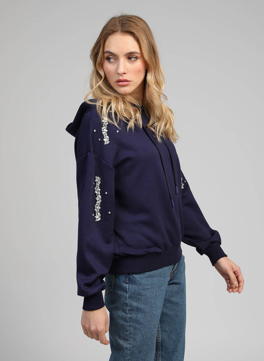 Felpa con cappuccio blu navy con strass