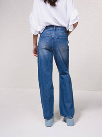 Jeans a vita alta wide leg con strass e strappi