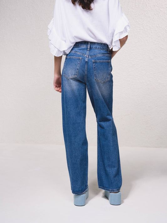 Jeans a vita alta wide leg con strass e strappi