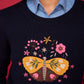 Maglia girocollo blu navy con ricamo farfalla