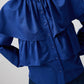 Blusa corta indaco con balze e maniche a sbuffo in cotone misto