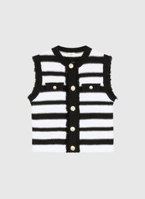 Cardigan smanicato a righe con bottoni gioiello
