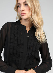 Blusa nera trasparente con volant