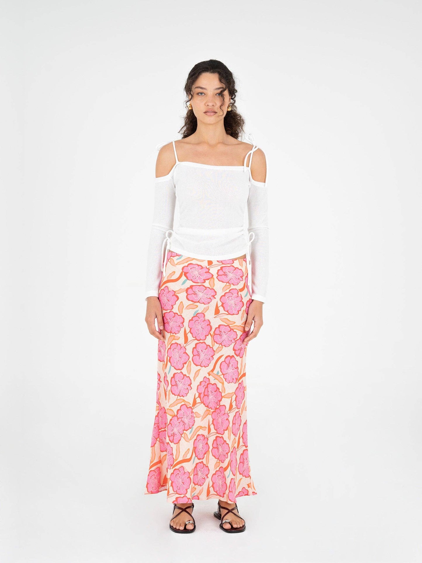 Gonna maxi floreale rosa in lino