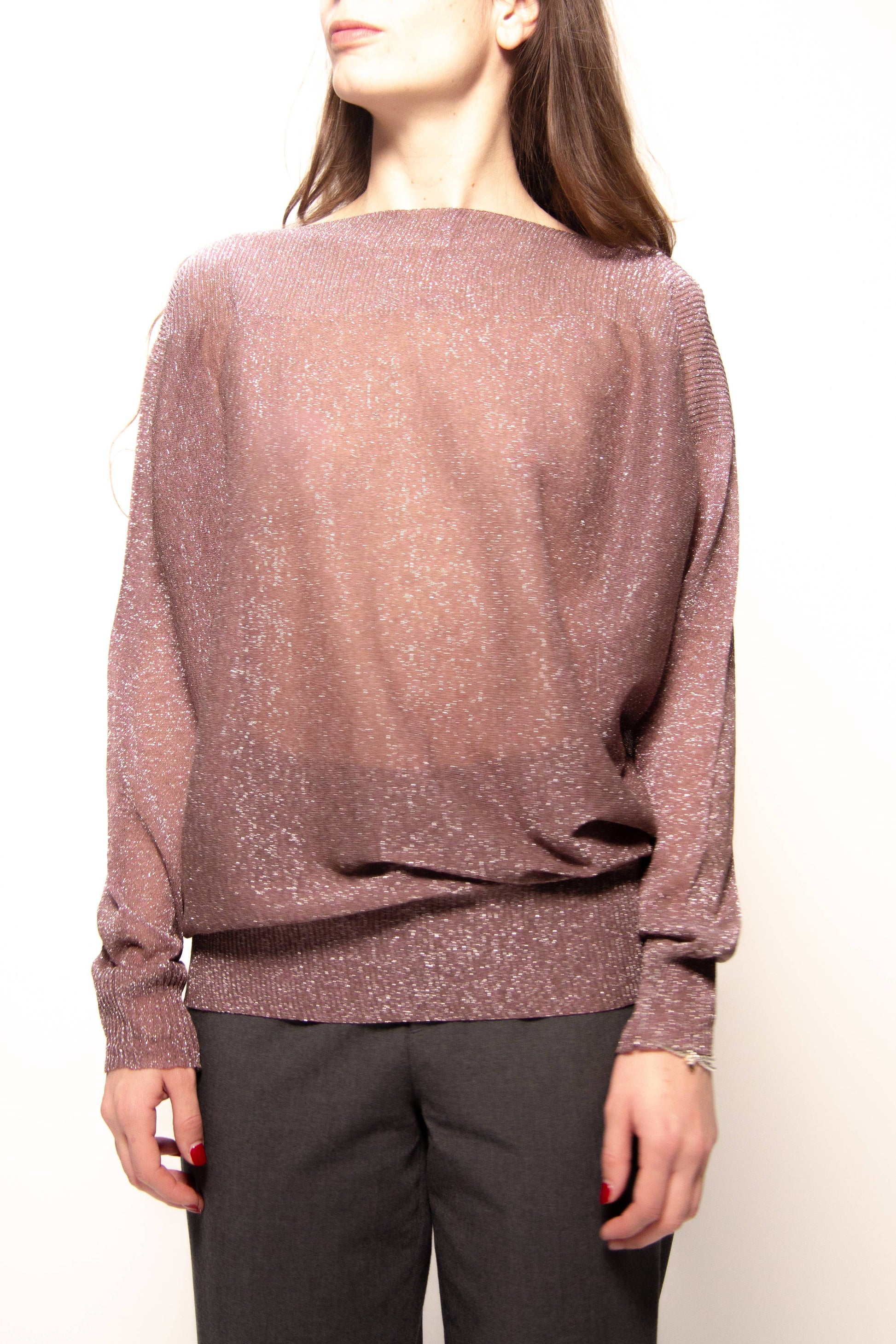 Maxi pullover glitterato con scollo a barca in maglia 3D