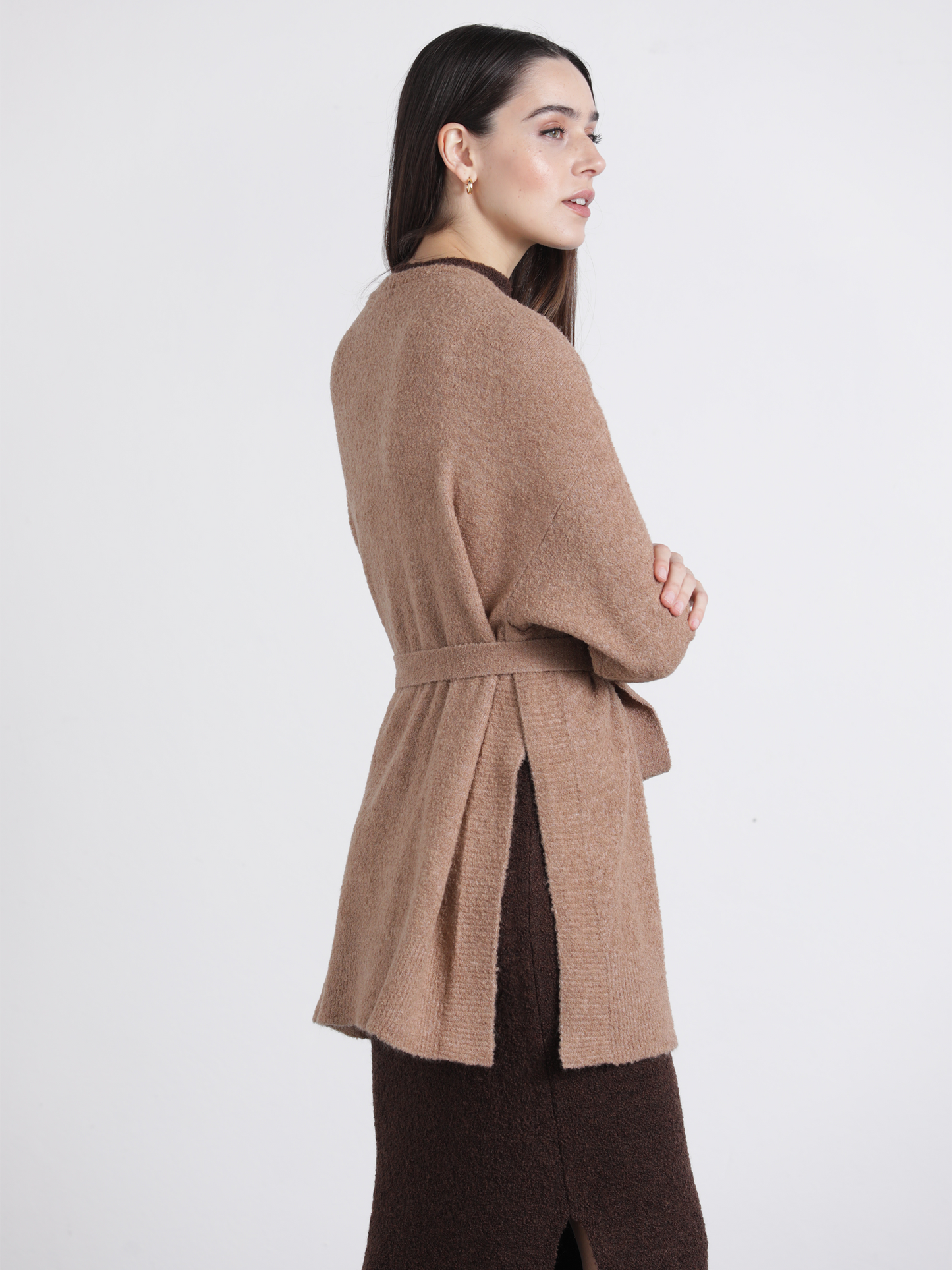 Cardigan con cintura da donna in maglia effetto bouclé