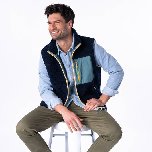 Gilet sherpa unisex con zip bicolor blu navy e verde
