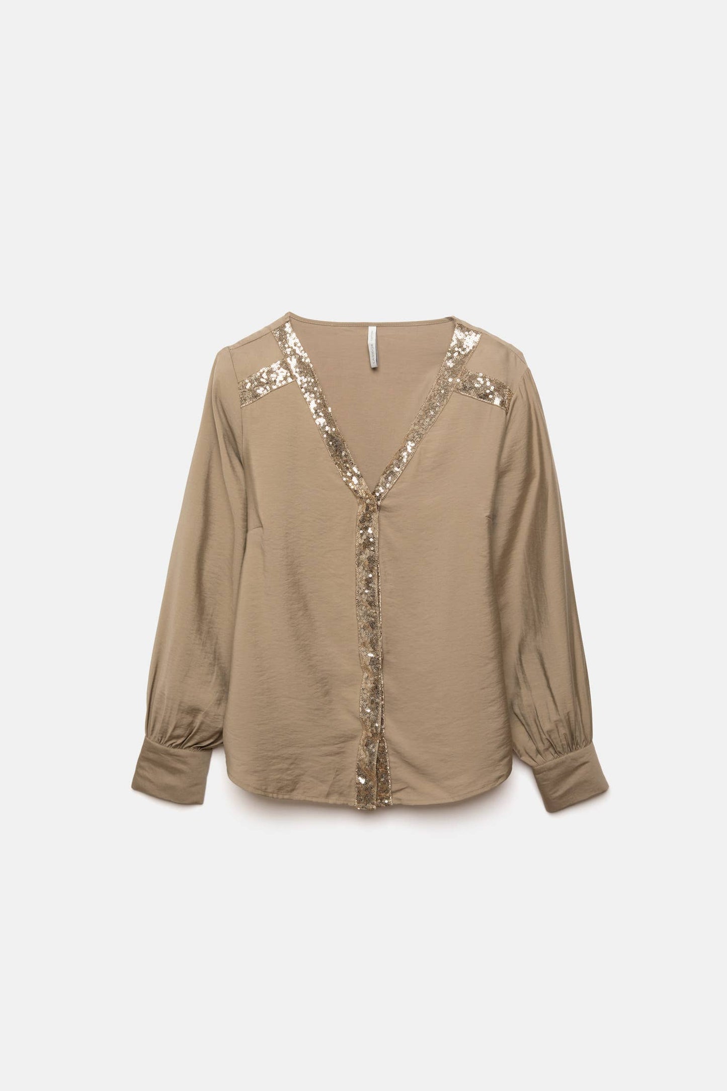 Blusa beige con scollo a V e dettagli di paillettes