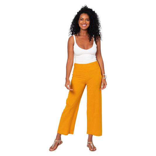 Pantaloni estivi cropped in cotone e lino gialli