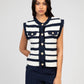 Cardigan smanicato a righe blu navy