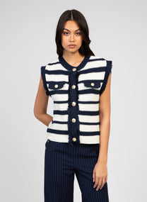 Cardigan smanicato a righe blu navy